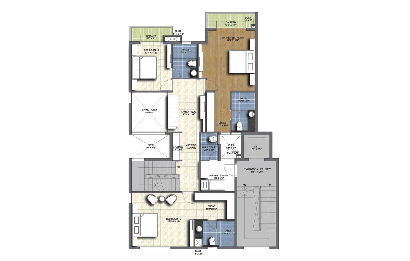 4 BHK Duplex Unit 75F fourth floor corner- 3635 sq.ft. - unitech uniworld resorts