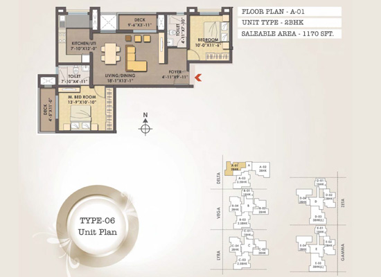 FLOOR PLAN A 01 UNIT TYPE 2BHK AREA 1170SFT - Mjr Clique