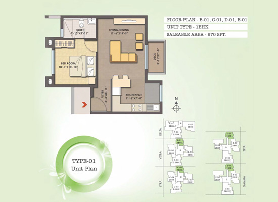FLOOR PLAN B 01 C 01 D 01 ED 01 UNIT TYPE 1BHK AREA 670SFT - Mjr Clique