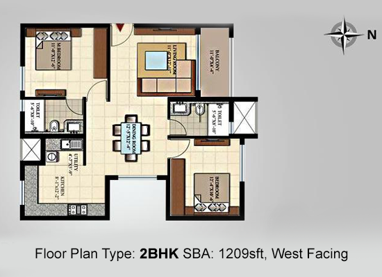 Floor Plan Type 2BHK SBA 1209sft West Facing - Salarpuria Sattva Divinity