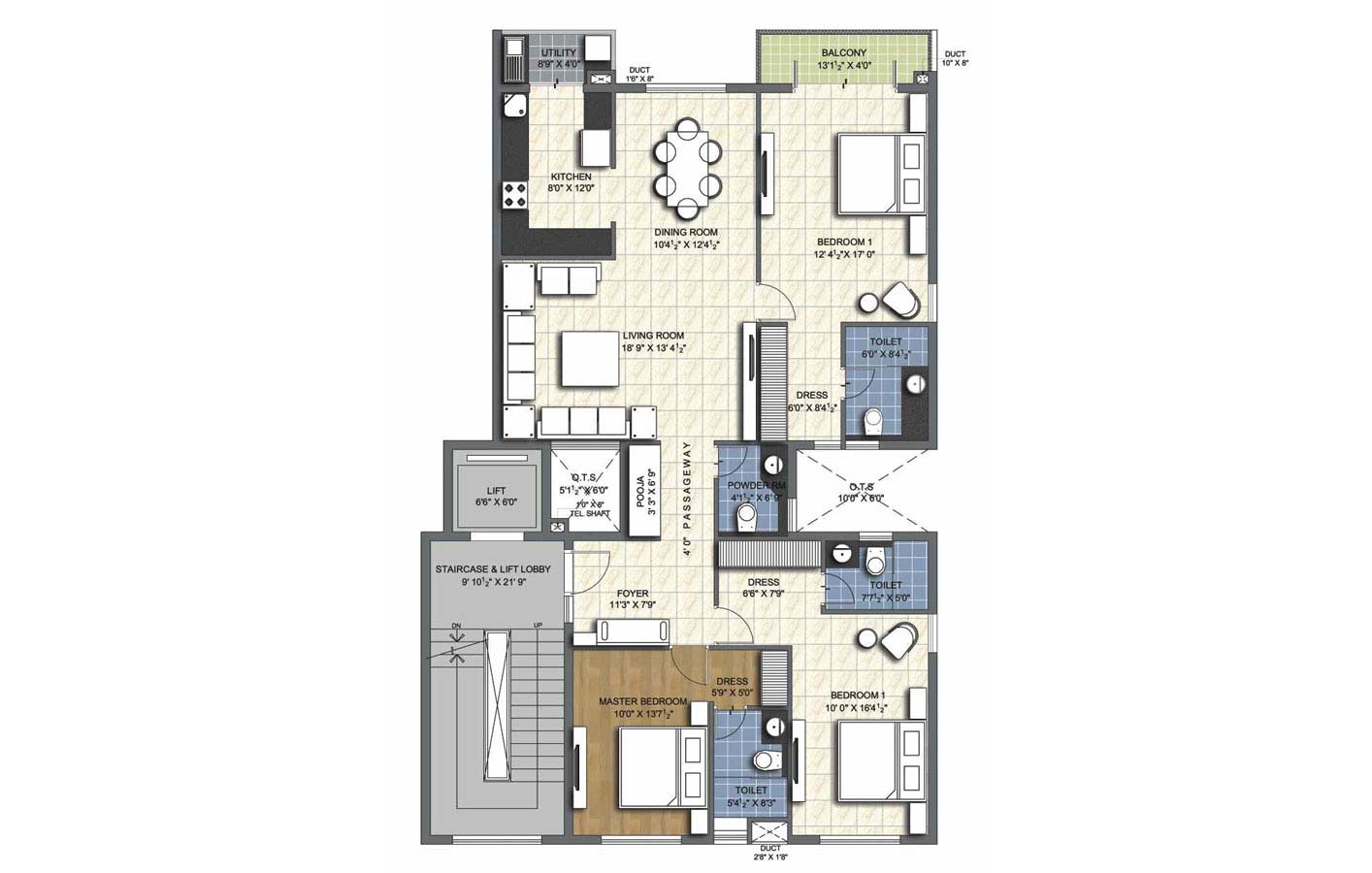 Floor Plan - 3 BHK Simplex Unit - 1930 sq.ft. 1,2,3,4th floor-2 - unitech uniworld resorts