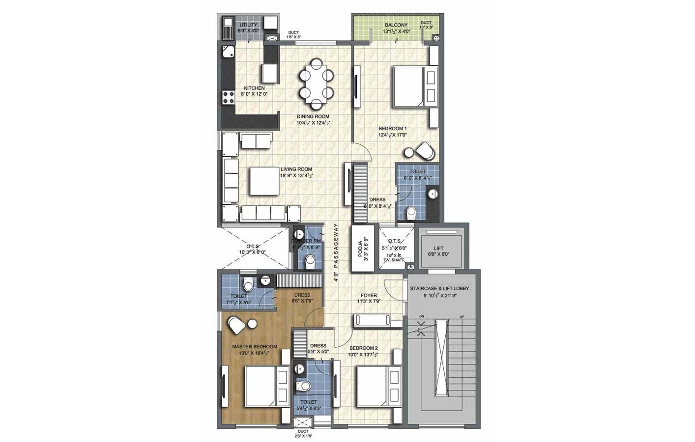 Floor Plan - 3 BHK Simplex Unit - 1930 sq.ft. 1,2,3,4th floor-3 - unitech uniworld resorts
