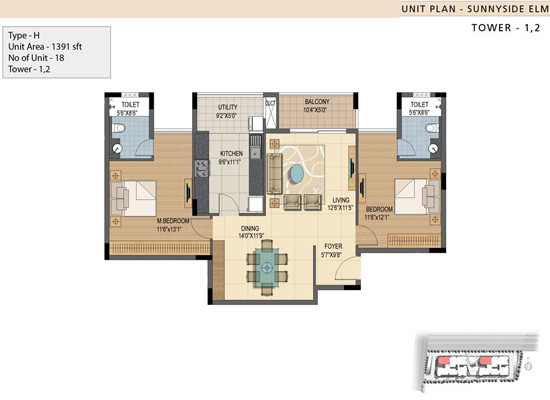 TYP H UNIT AREA 1391SFT - Prestige Sunnyside