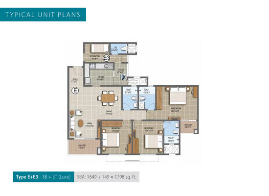 Type-E E3 3B 3T Luxe SB 1649 149 1798sqft - Purva Palm Beach