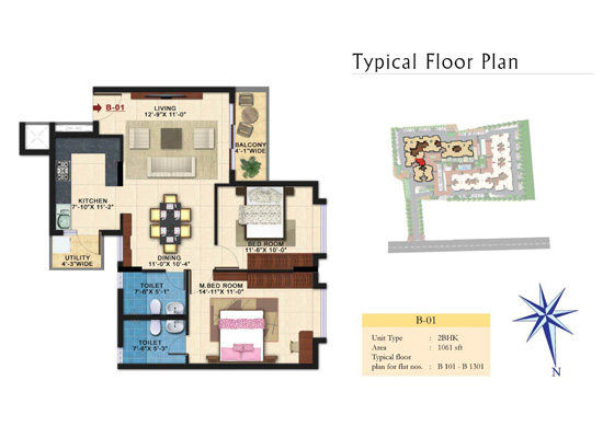 Typical-Floor-Plan_B_01_Unit-Type_2BHK_Area_1061sqft - Kolte Patil Raaga