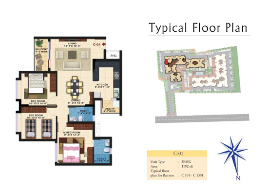 Typical-Floor-Plan_C_01_Unit-Type_3BHK_Area_1192sqft - Kolte Patil Raaga