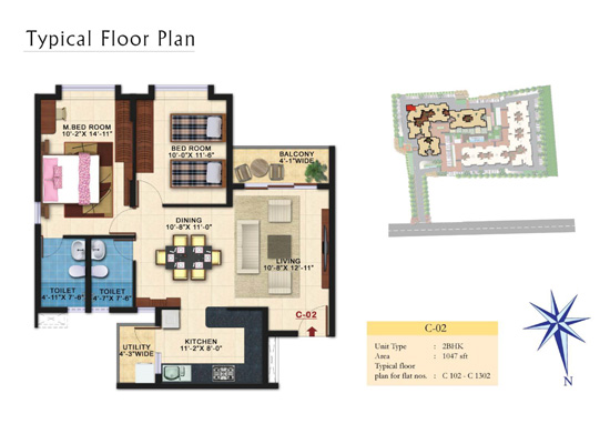 Typical-Floor-Plan_C_02_Unit-Type_2BHK_Area_1047sqft - Kolte Patil Raaga