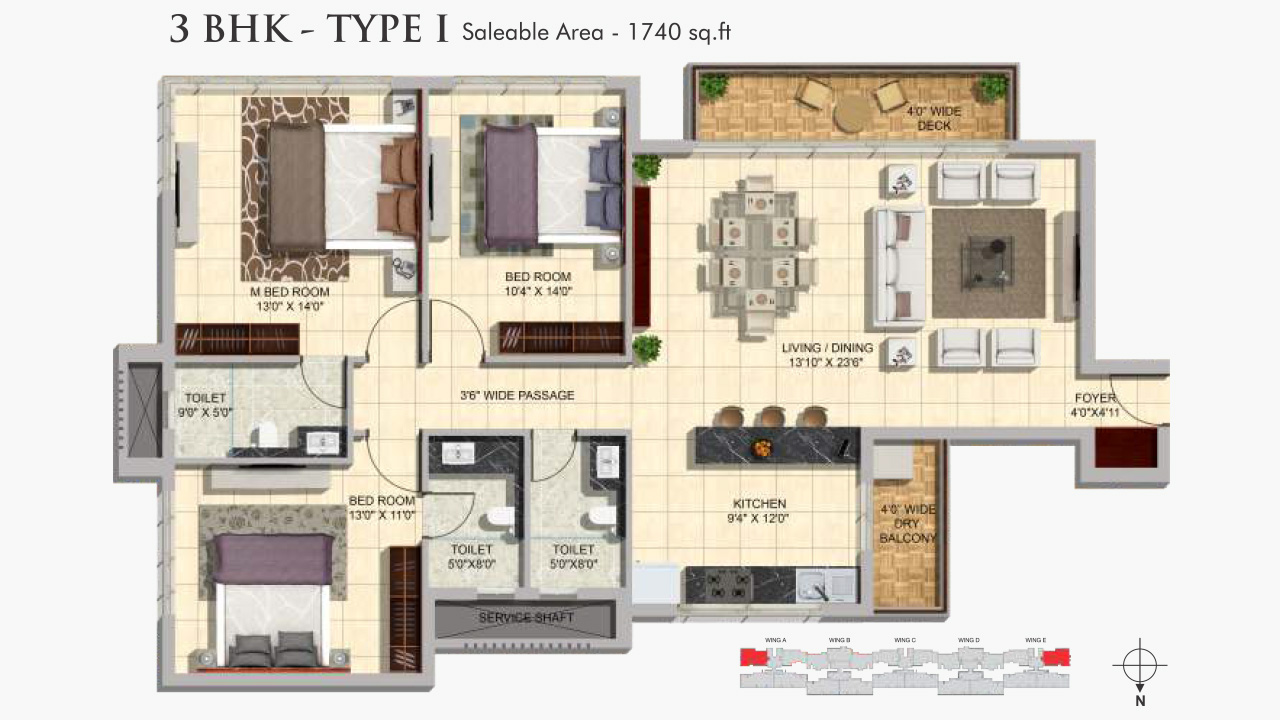 3bhk type I 1740sft - mittal elanza