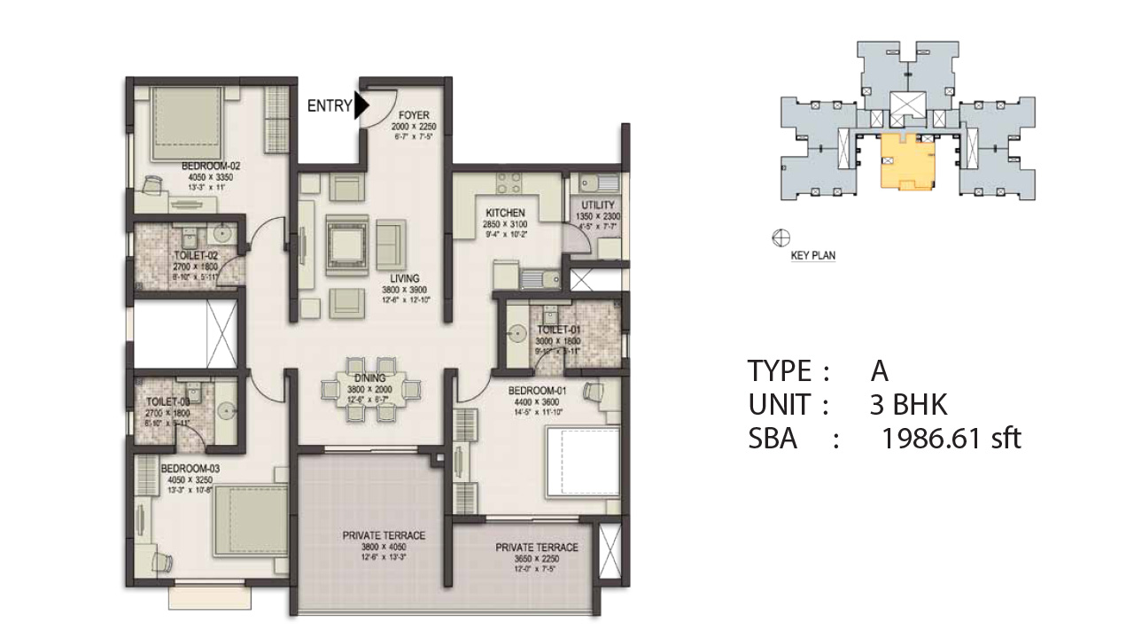 Type A 3BHK 1986Sq.Feet - Sobha Eternia