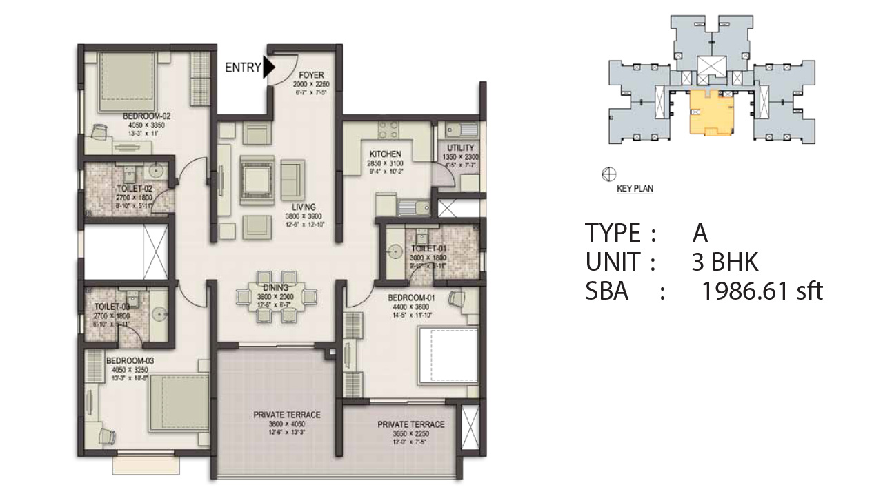Type A 3BHK 1986 Sq.Feet - Sobha Eternia