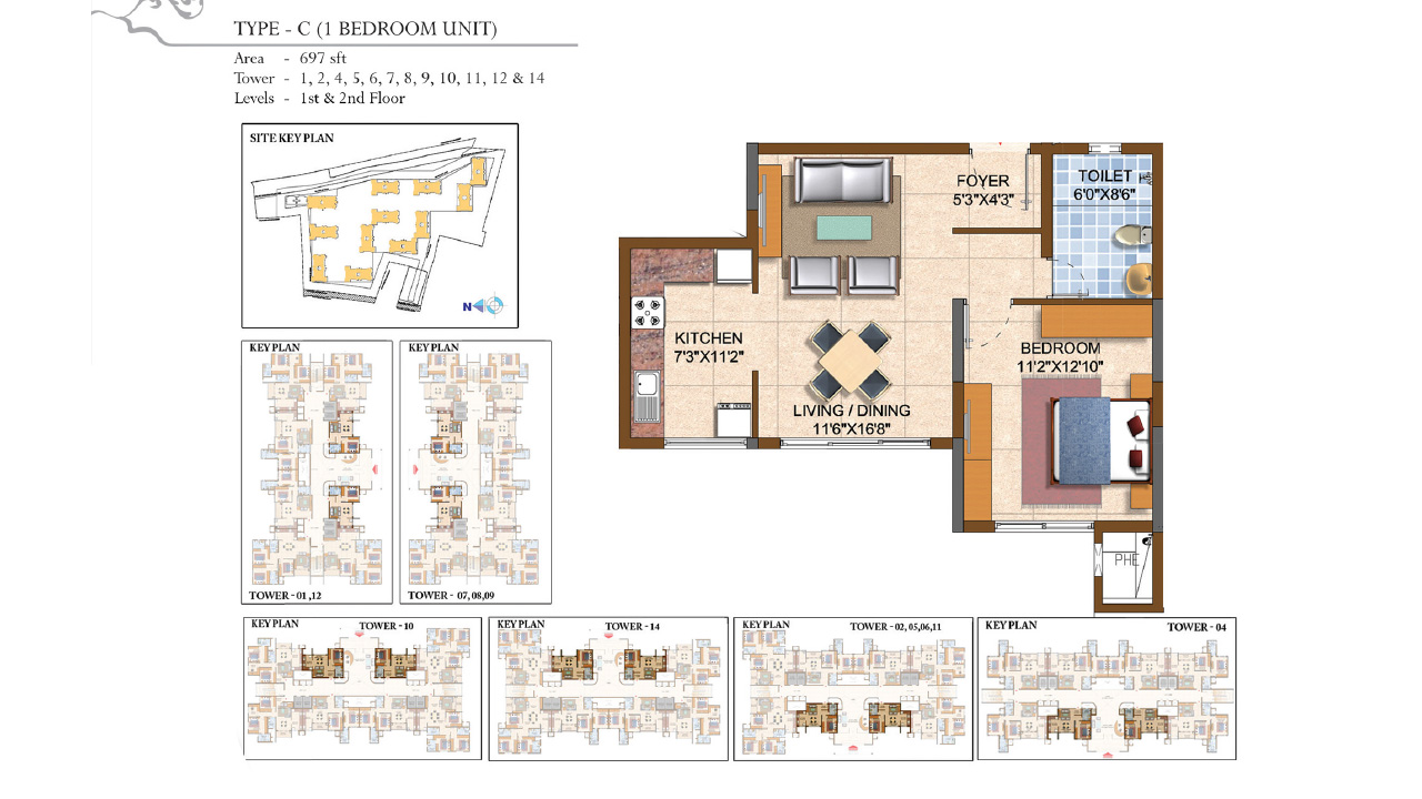 Type C 1 BHK 697 Sq.Ft. - Prestige Royale Gardens