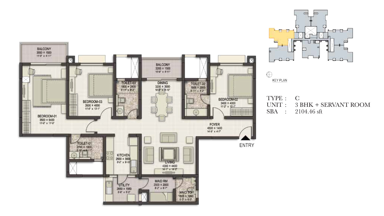 Type C 3 BHK Servantroom 2104 Sq.Feet - Sobha Eternia
