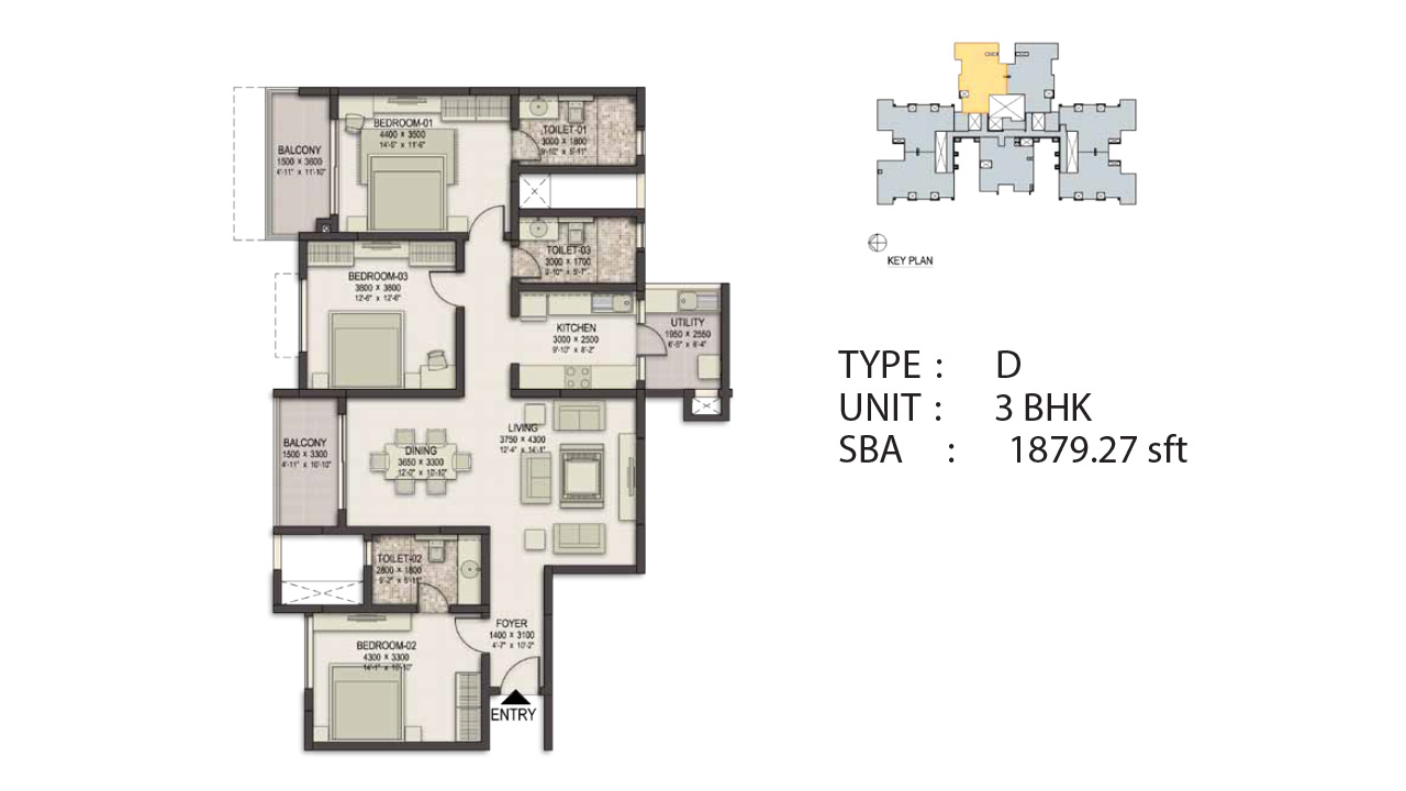 TypeD 3 BHK 1879 Sq.Feet - Sobha Eternia