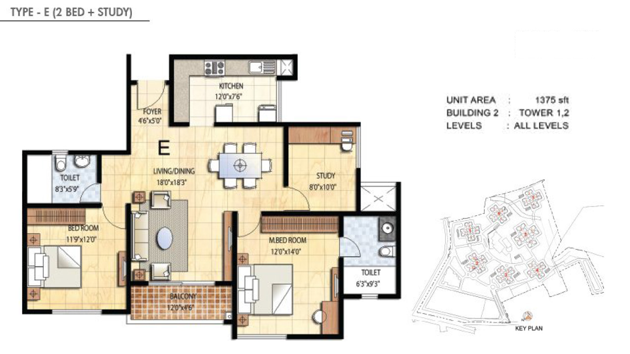 TYPE E 2BHK STUDY - Prestige Falcon City