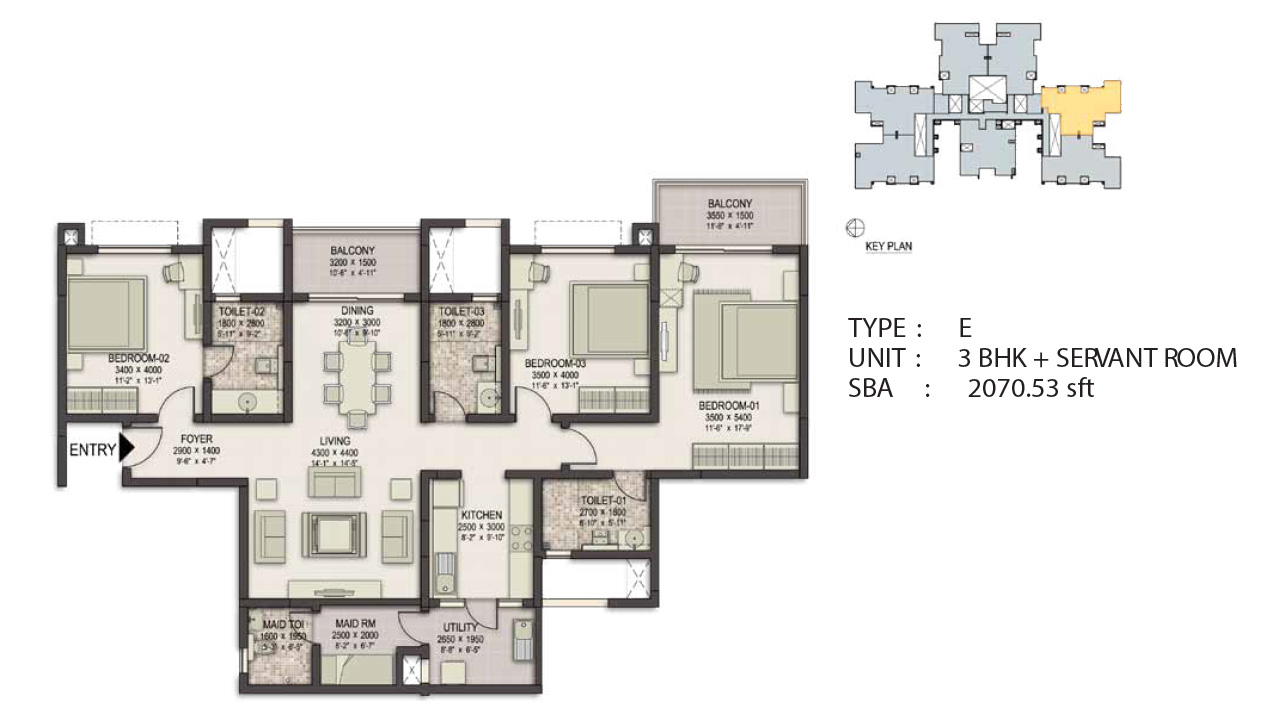 Type E 3 BHK Servantroom 2070 Sq.Feet - Sobha Eternia