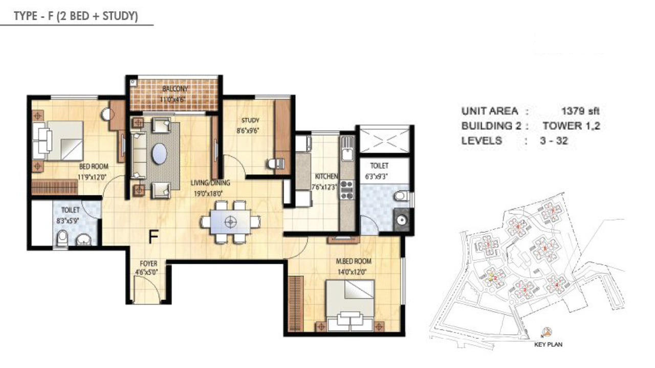 TYPE F 2BHK STUDY - Prestige Falcon City