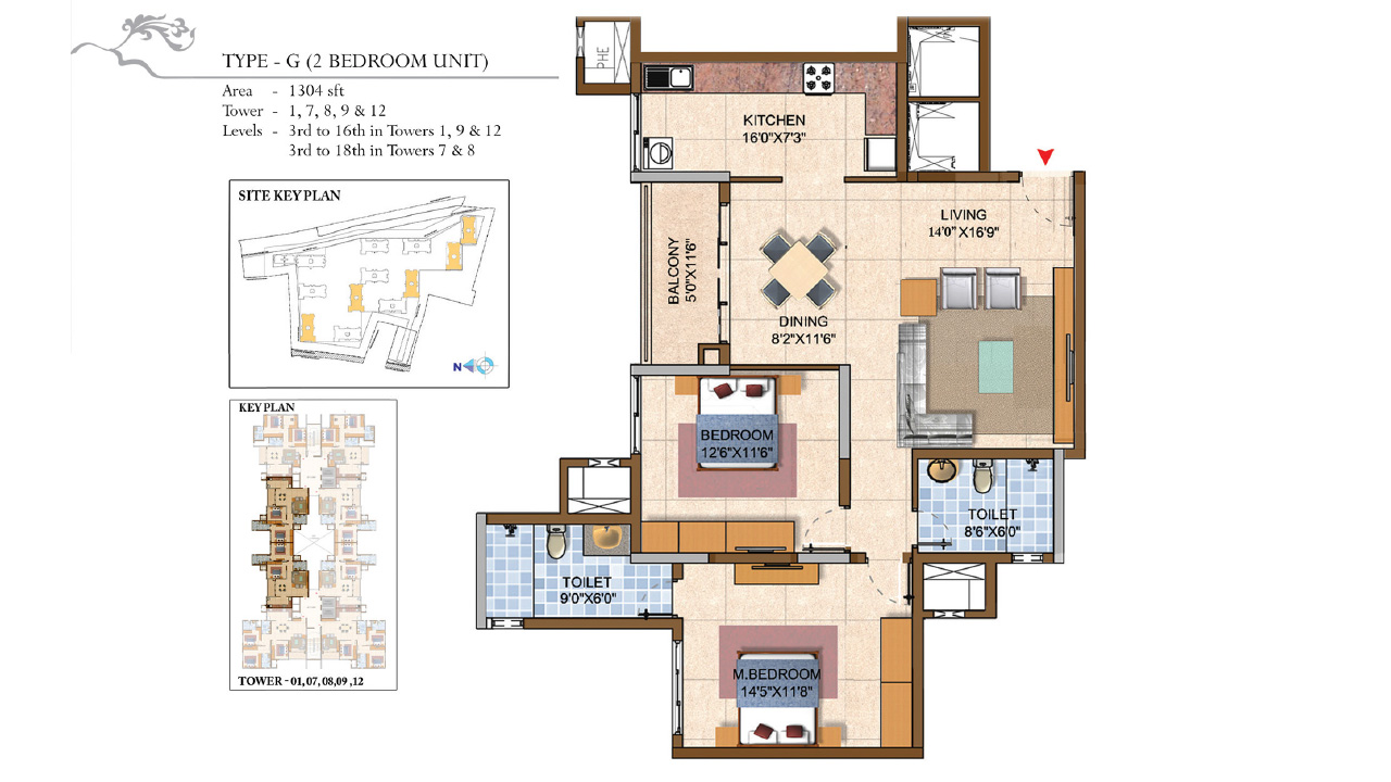 Type G 2 BHK 1304 Sq.Ft. - Prestige Royale Gardens