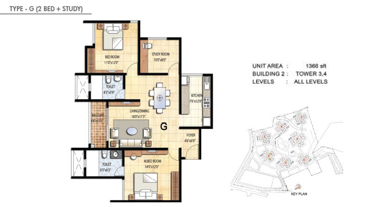 TYPE G 2BHK STUDY - Prestige Falcon City