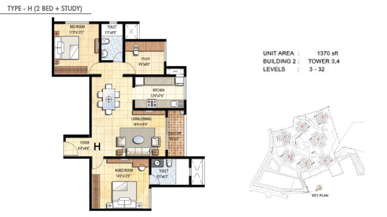 TYPE H 2BHK STUDY - Prestige Falcon City