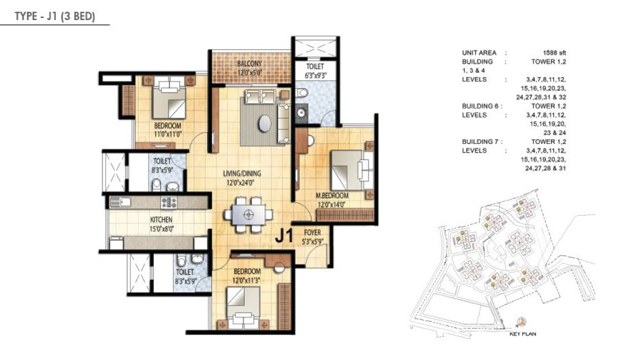 TYPE J1 3BHK - Prestige Falcon City