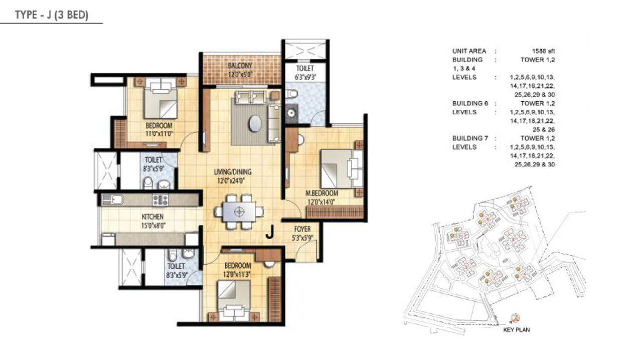 TYPE J 3BHK - Prestige Falcon City