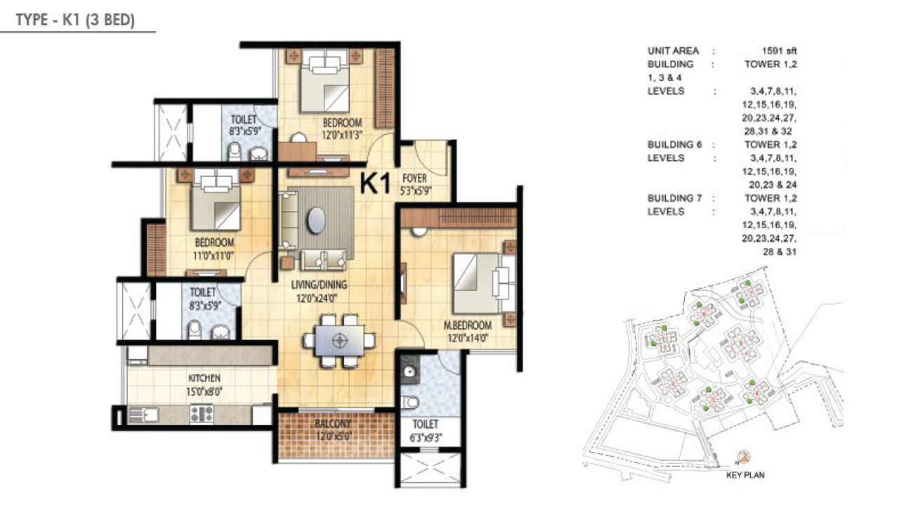 TYPE K1 3BHK - Prestige Falcon City