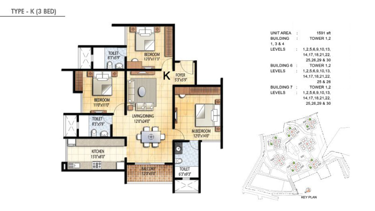 TYPE K 3BHK - Prestige Falcon City
