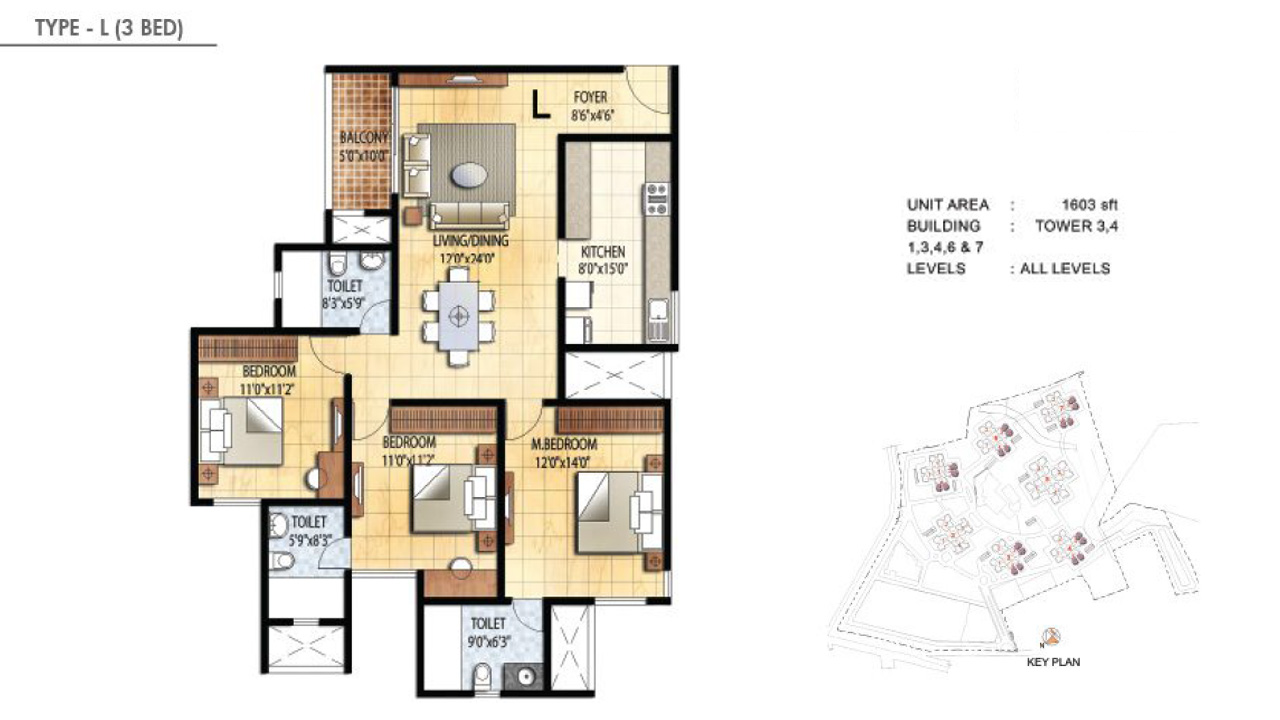 TYPE L 3BHK - Prestige Falcon City