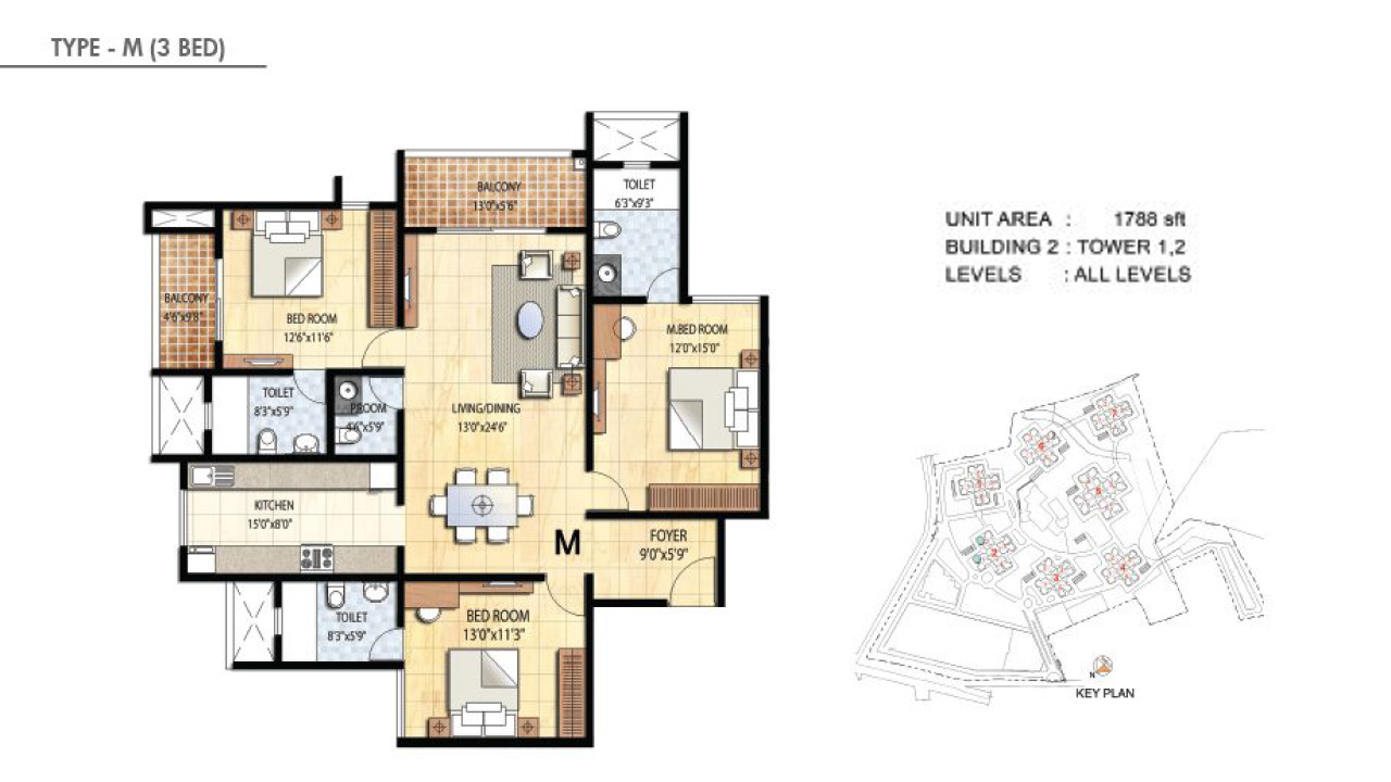 TYPE M 3BHK - Prestige Falcon City