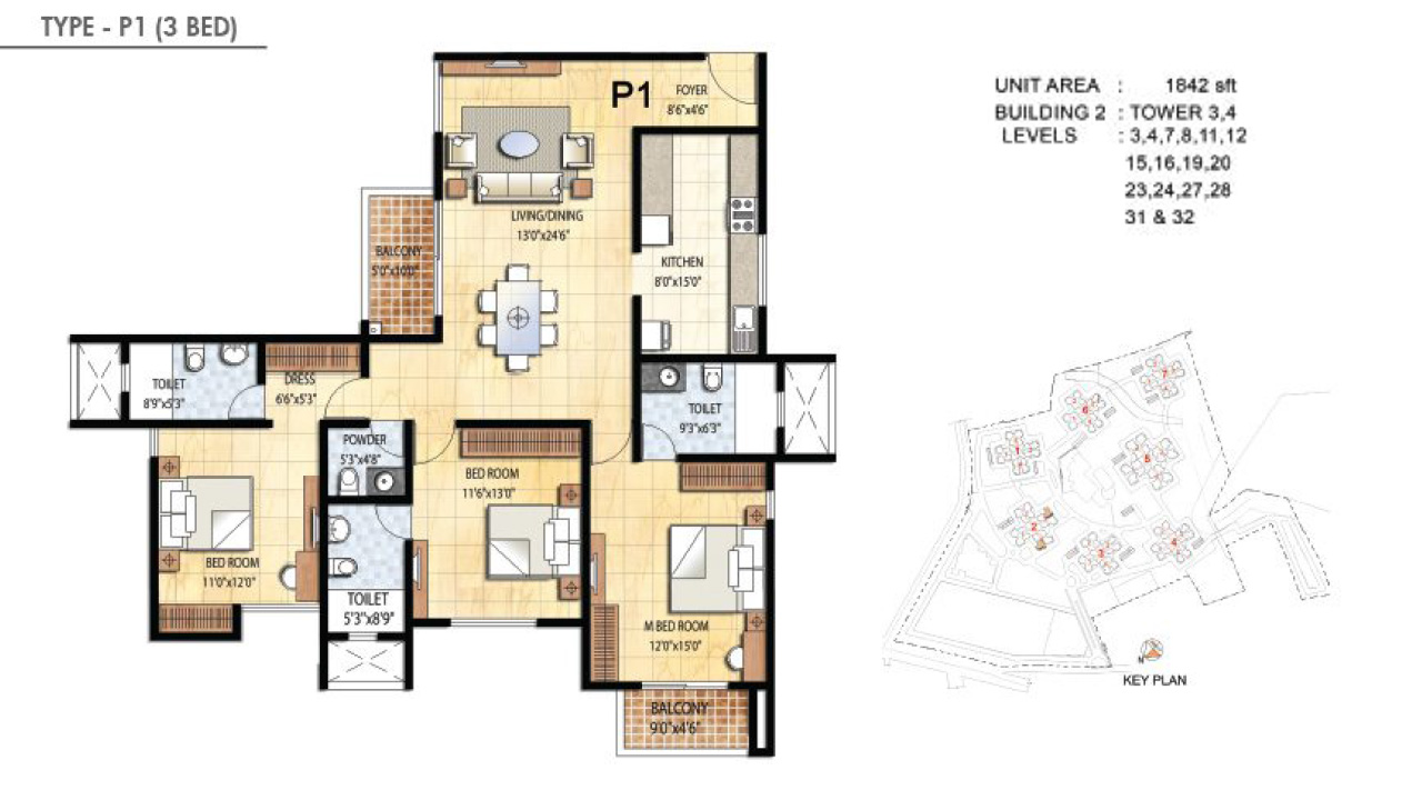 TYPE P1 3BHK - Prestige Falcon City