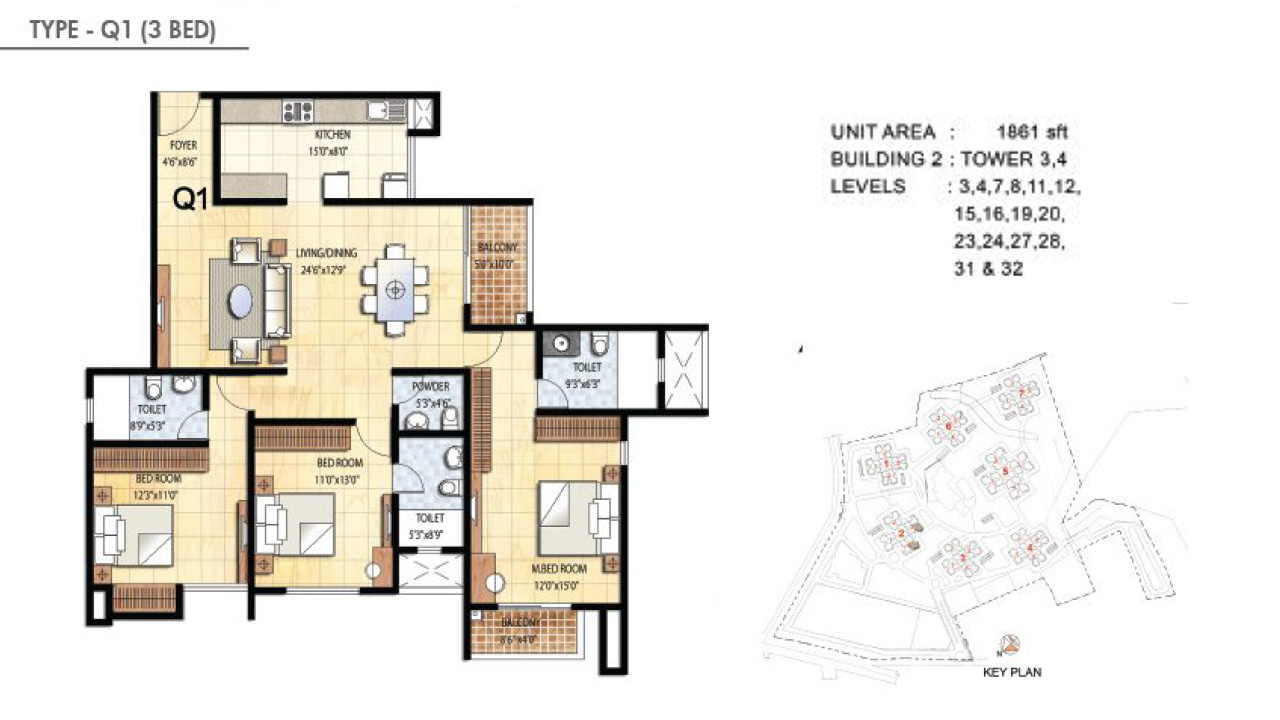 TYPE Q1 3BHK - Prestige Falcon City