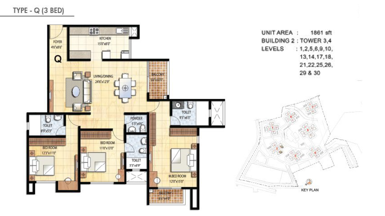 TYPE Q 3BHK - Prestige Falcon City