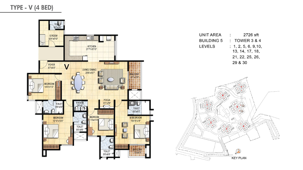 TYPE V 4BHK - Prestige Falcon City