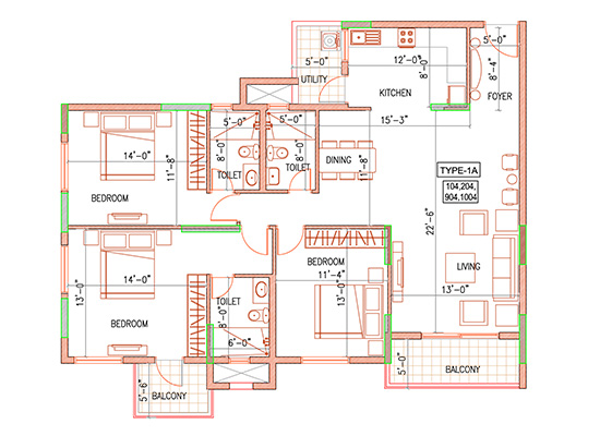 floorplan type1A 3b+3t 1365sft - Ramky One North