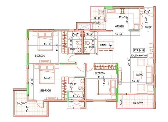 floorplan type1B 3b+3t 1420sft - Ramky One North