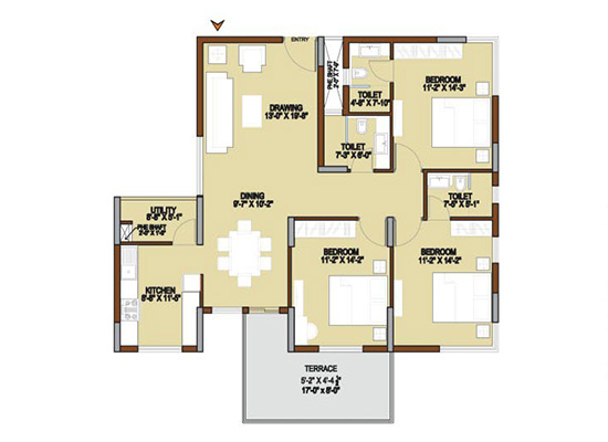 floorplan type F1 3bhk 1700sft - Unishire Terraza