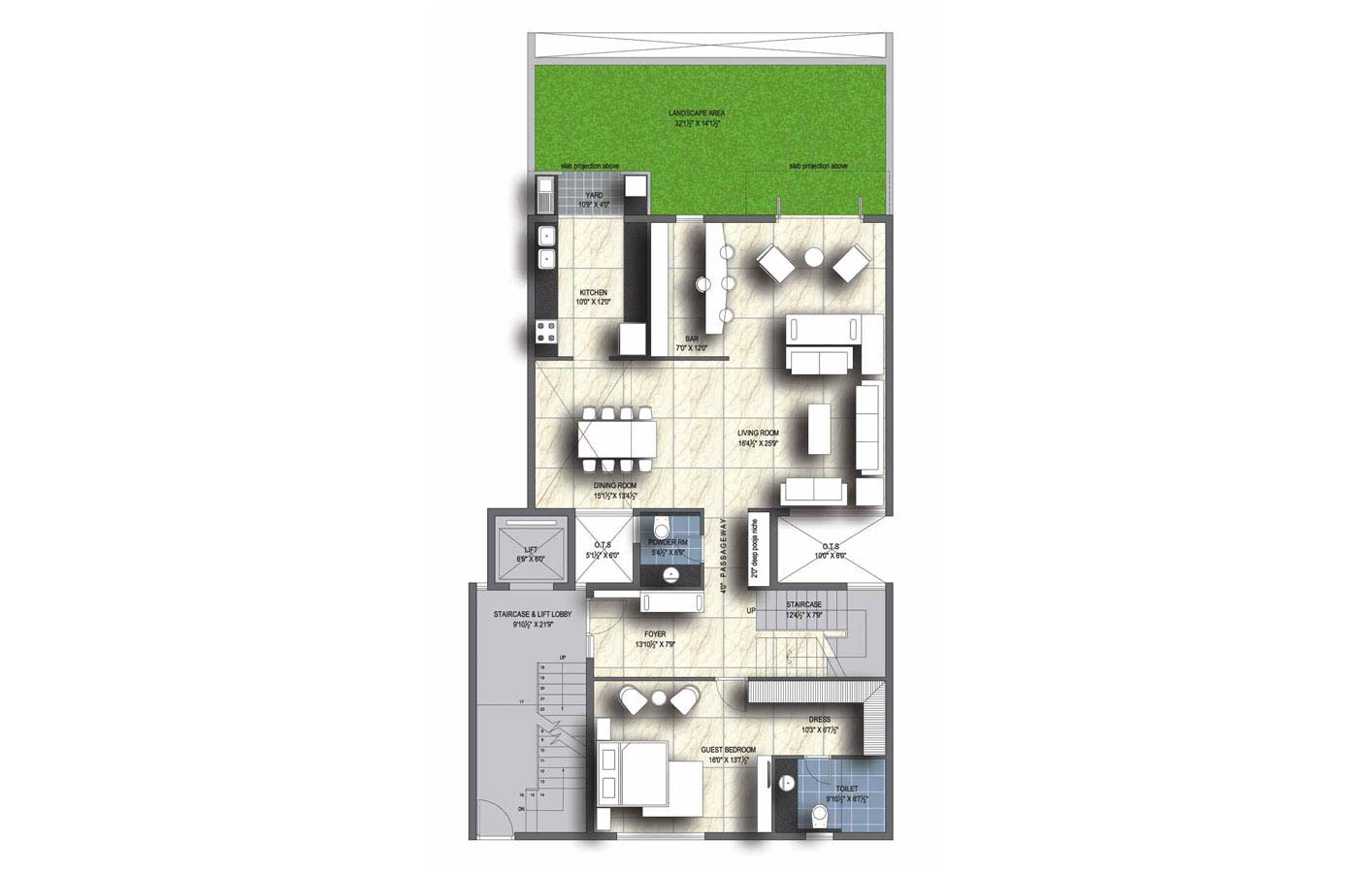 type A north facing 4 BHK Duplex Unit - 3597 sq.ft. - unitech uniworld resorts
