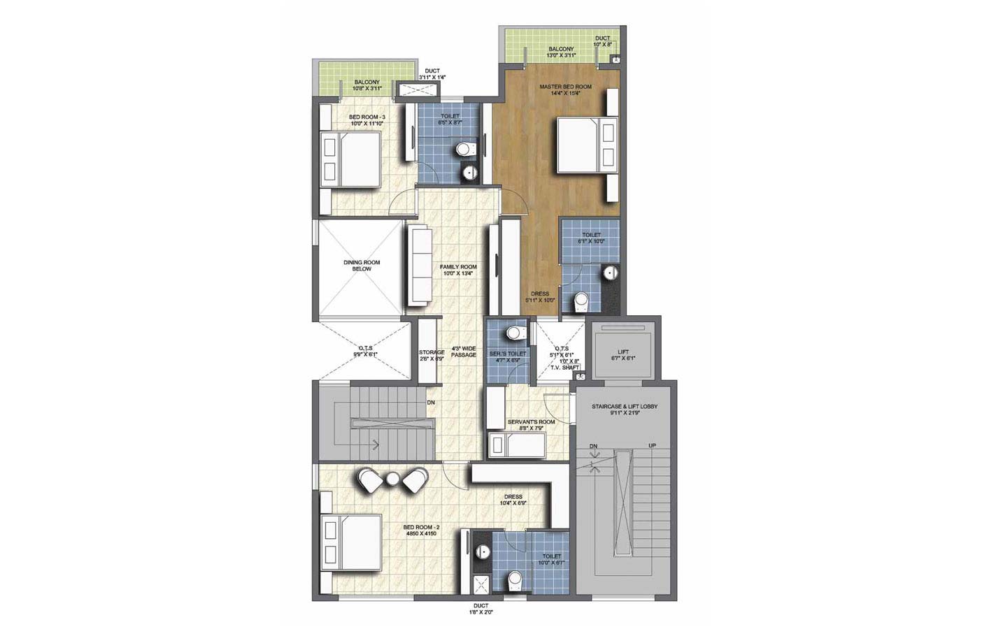 type A north facing first floor 4 BHK Duplex Unit 75B- 3635 sq.ft. - unitech uniworld resorts