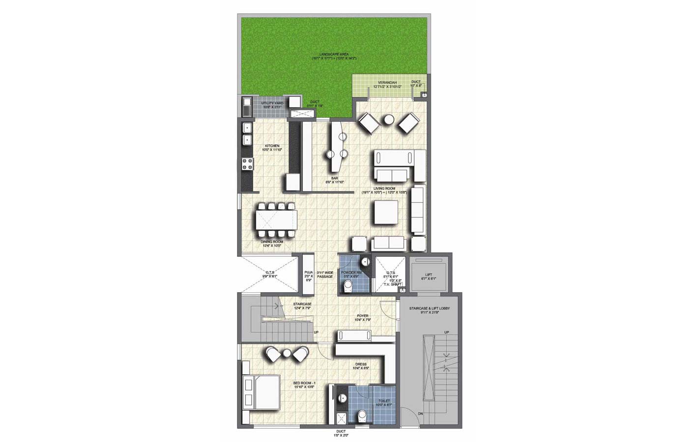 type A north facing ground floor 4 BHK Duplex Unit 75B- 3635 sq.ft. - unitech uniworld resorts