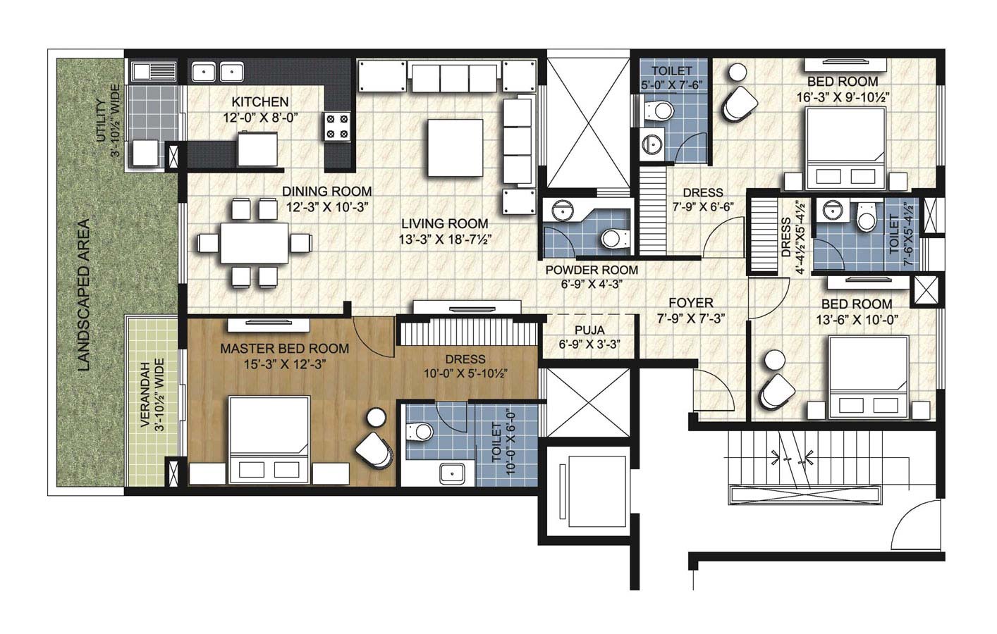 type e3 3 BHK Simplex Unit - 1920 sq.ft. - unitech uniworld resorts