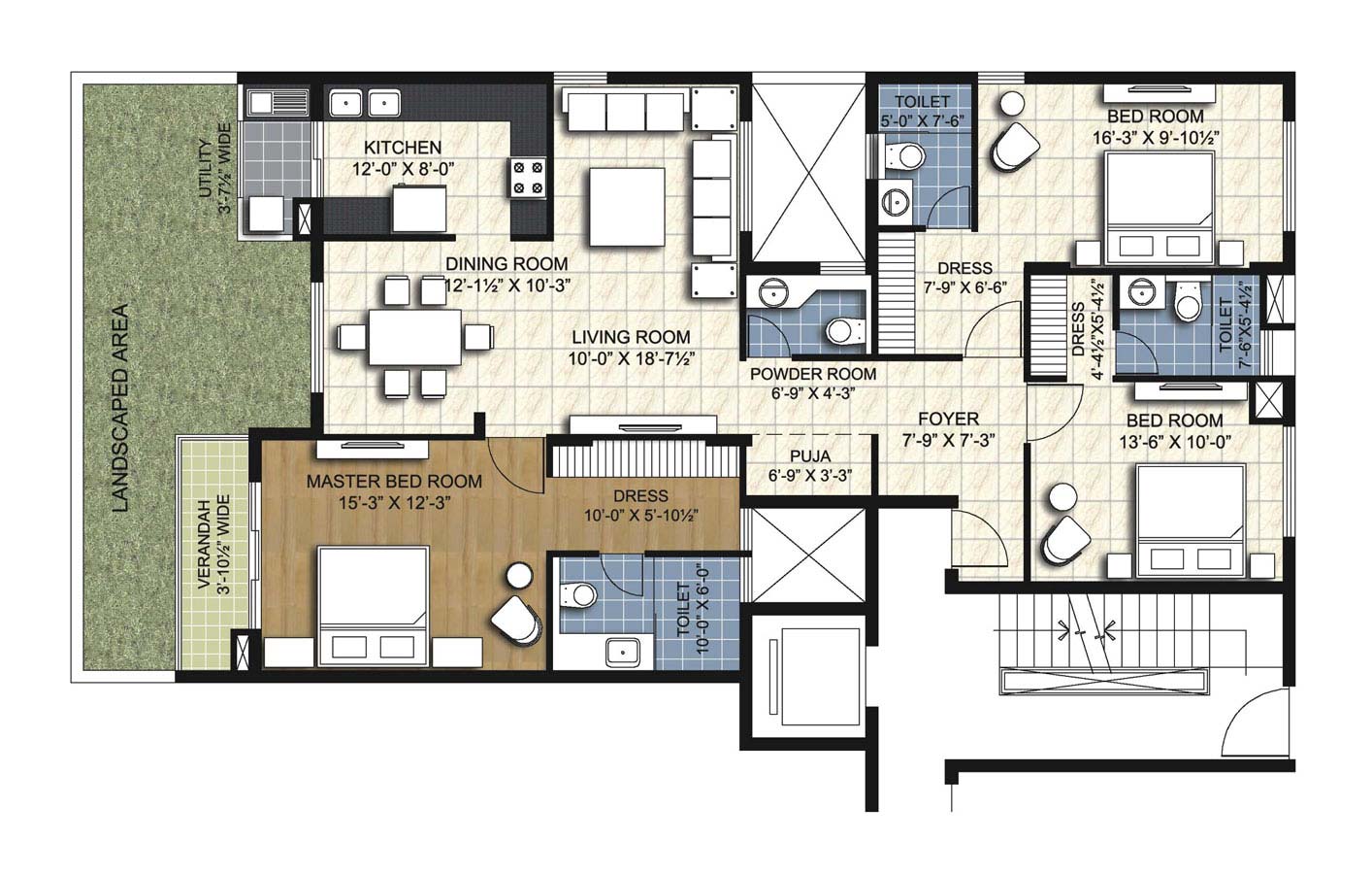 type e5 3 BHK Simplex Unit - 1850 sq.ft. - unitech uniworld resorts