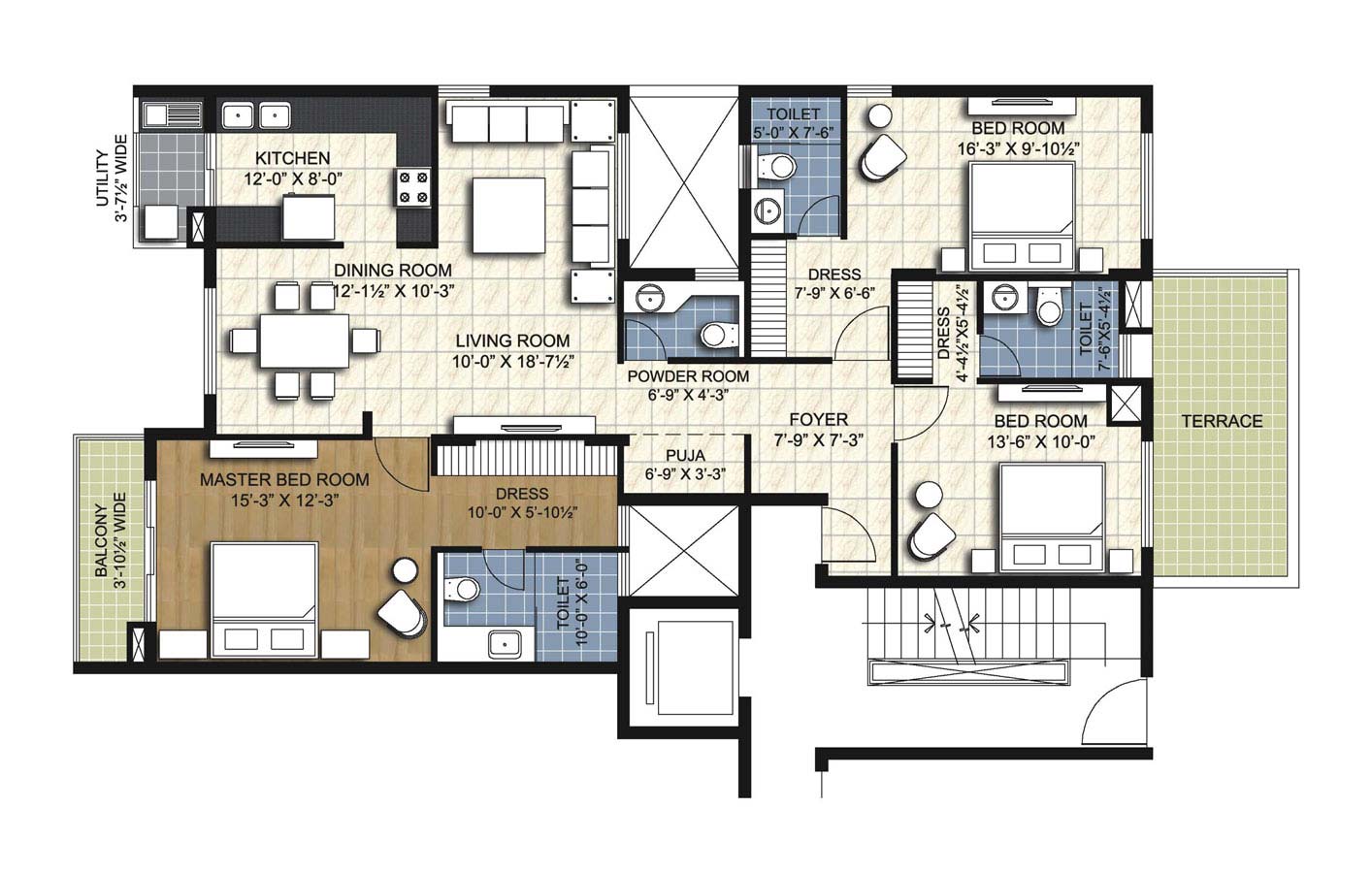 type e8 3 BHK Bridge Unit - 2015 sq.ft. - unitech uniworld resorts