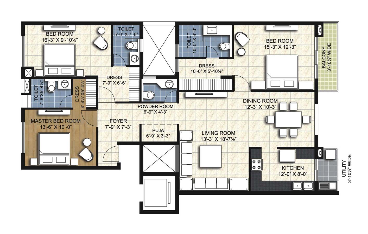 type w2 3 BHK Simplex Unit - 1920 sq.ft. - unitech uniworld resorts