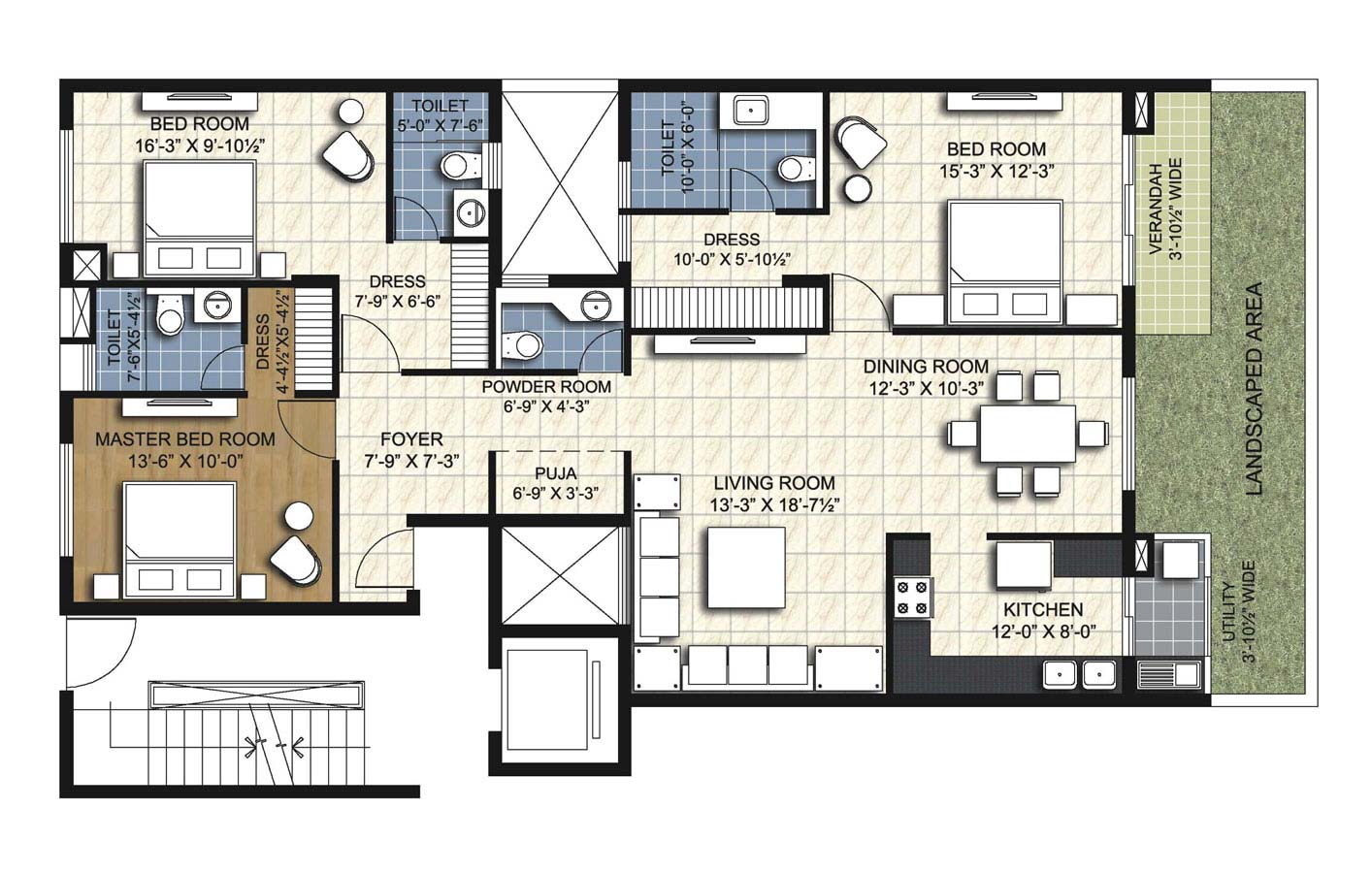 type w3 3 BHK Simplex Unit - 1920 sq.ft. - unitech uniworld resorts