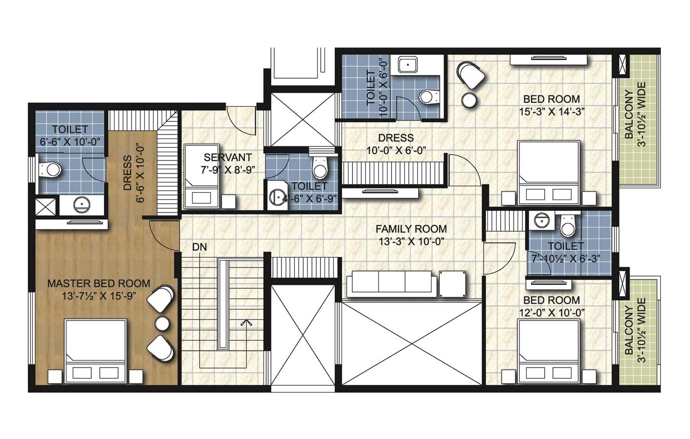 type w6 4 BHK Duplex Unit lower floor - 3735 sq.ft. - unitech uniworld resorts