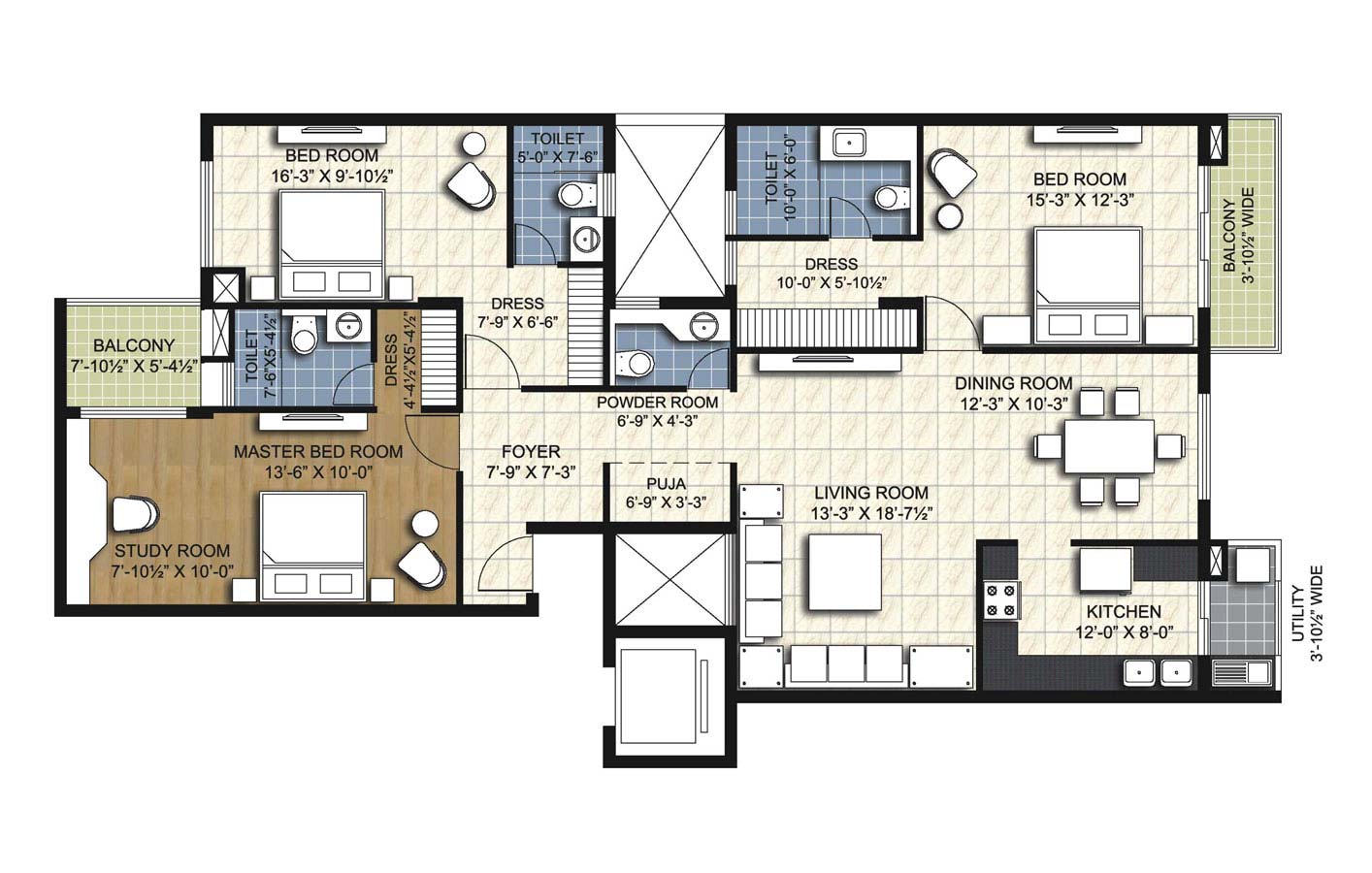 type w7 3 BHK Bridge Unit - 2090 sq.ft. - unitech uniworld resorts