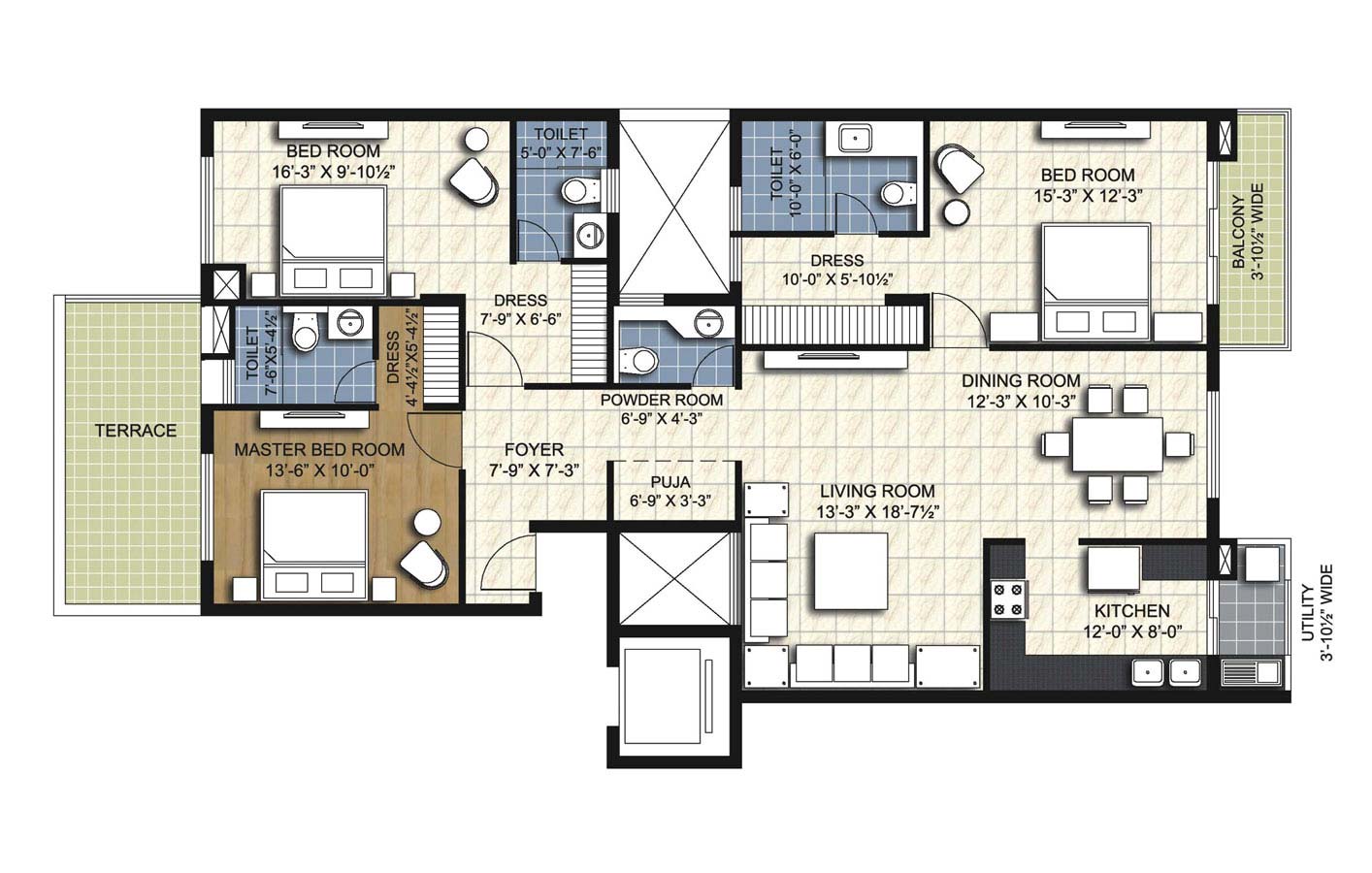 type w8 3 BHK Simplex Unit - 1920 sq.ft. - unitech uniworld resorts
