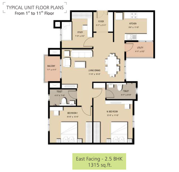 typical floorplan from 1st to 11th floor 2.5 bhk 1315 sqft - golden panorama