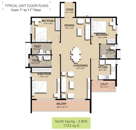 typical floorplan from 1st to 11th floor 3bhk 1725 sqft - golden panorama