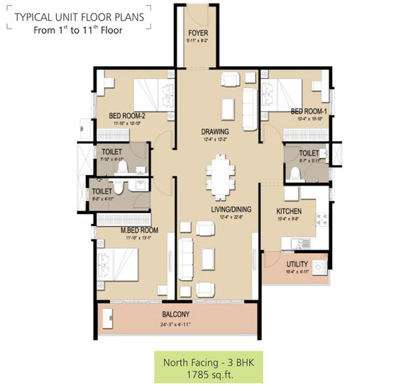 typical floorplan from 1st to 11th floor 3bhk 1785 sqft - golden panorama
